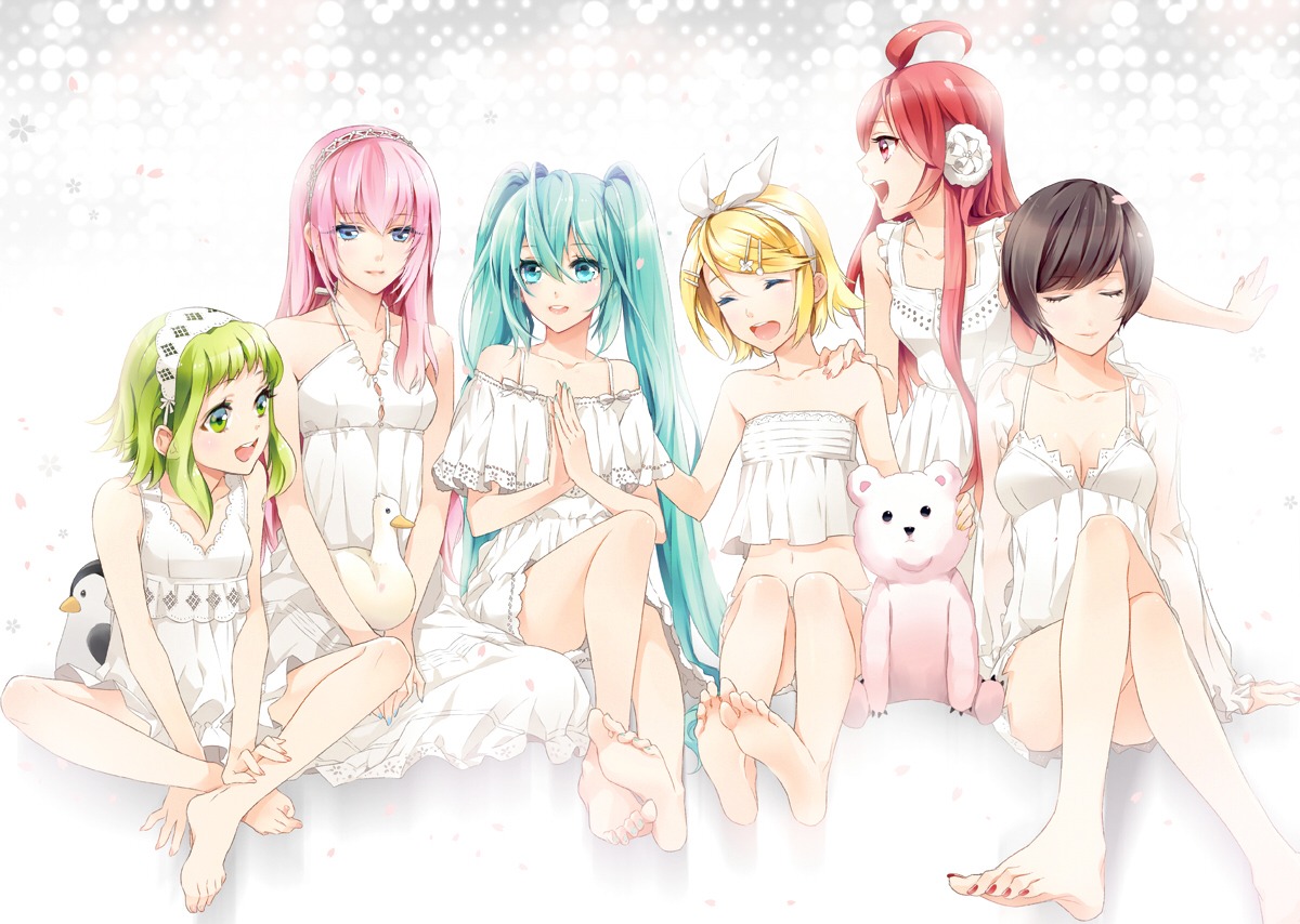 cocoon_(loveririn), dress, feet, gumi, hatsune_miku, kagamine_rin, megurine_luka, meiko, miki_(vocaloid), vocaloid