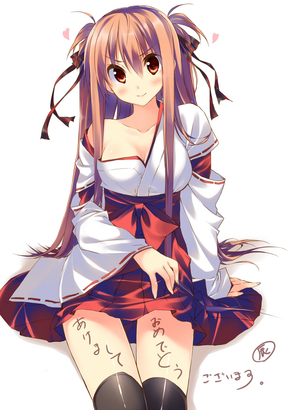 cleavage, kuwashima_rein, miko, thighhighs, tororoin_niina