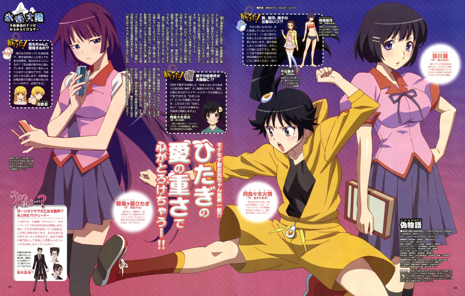 akamatsu_takeshi, araragi_karen, bakemonogatari, hanekawa_tsubasa, monogatari_(series), nisemonogatari, seifuku, senjougahara_hitagi, thighhighs