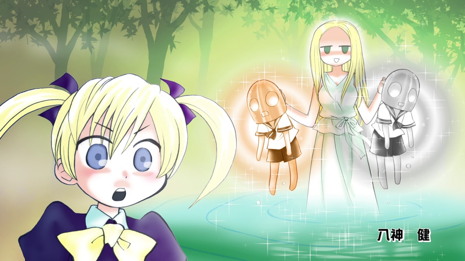 arakawa_under_the_bridge, cap, chibi, dress, endcard, seifuku, stella_(arakawa), tetsujin_kyoudai_tetsuo, tetsujin_kyoudai_tetsurou, wallpaper, yagami_ken