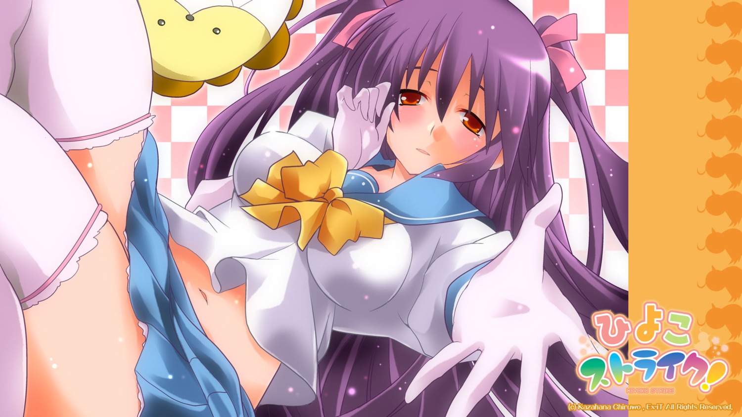 ex-it, hiyoko_strike!, kazahana_chiruwo, maihara_ririno, seifuku, thighhighs, wallpaper