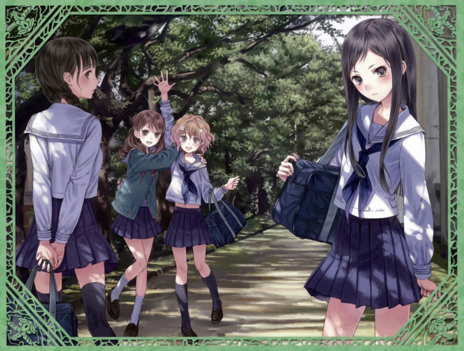 hanasaku_iroha, kishida_mel, matsumae_ohana, oshimizu_nako, seifuku, thighhighs, tsurugi_minko, wakura_yuina