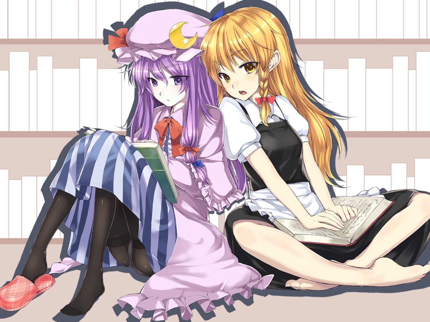 kirisame_marisa, pantyhose, patchouli_knowledge, ryou@ryou, touhou, wallpaper
