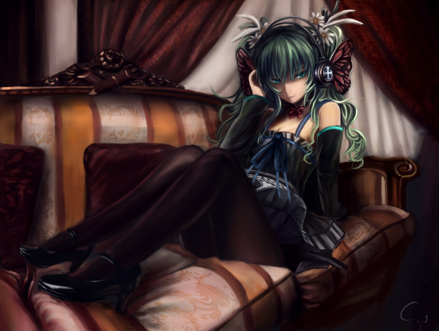 cj_man, dress, hatsune_miku, headphones, magnet_(vocaloid), pantyhose, vocaloid