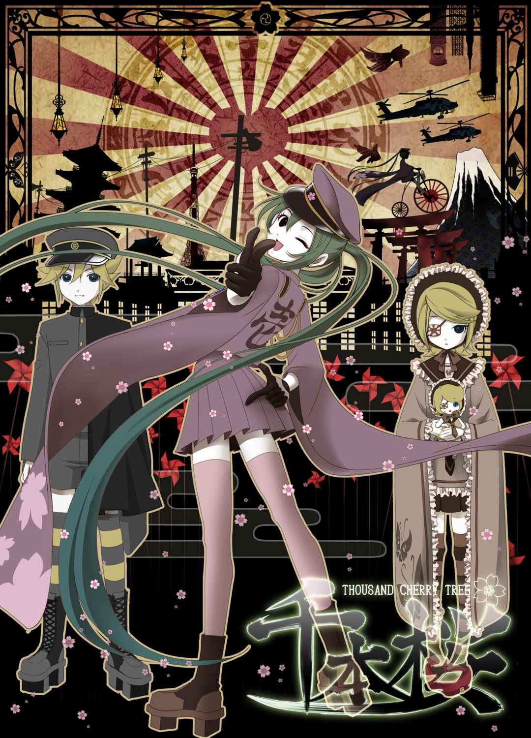 eyepatch, hatsune_miku, itto_maru, kagamine_len, kagamine_rin, senbon-zakura_(vocaloid), thighhighs, vocaloid