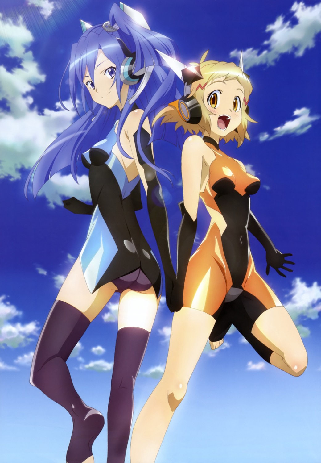 ass, bodysuit, headphones, kazanari_tsubasa, senki_zesshou_symphogear, shibuya_sakae, tachibana_hibiki, thighhighs