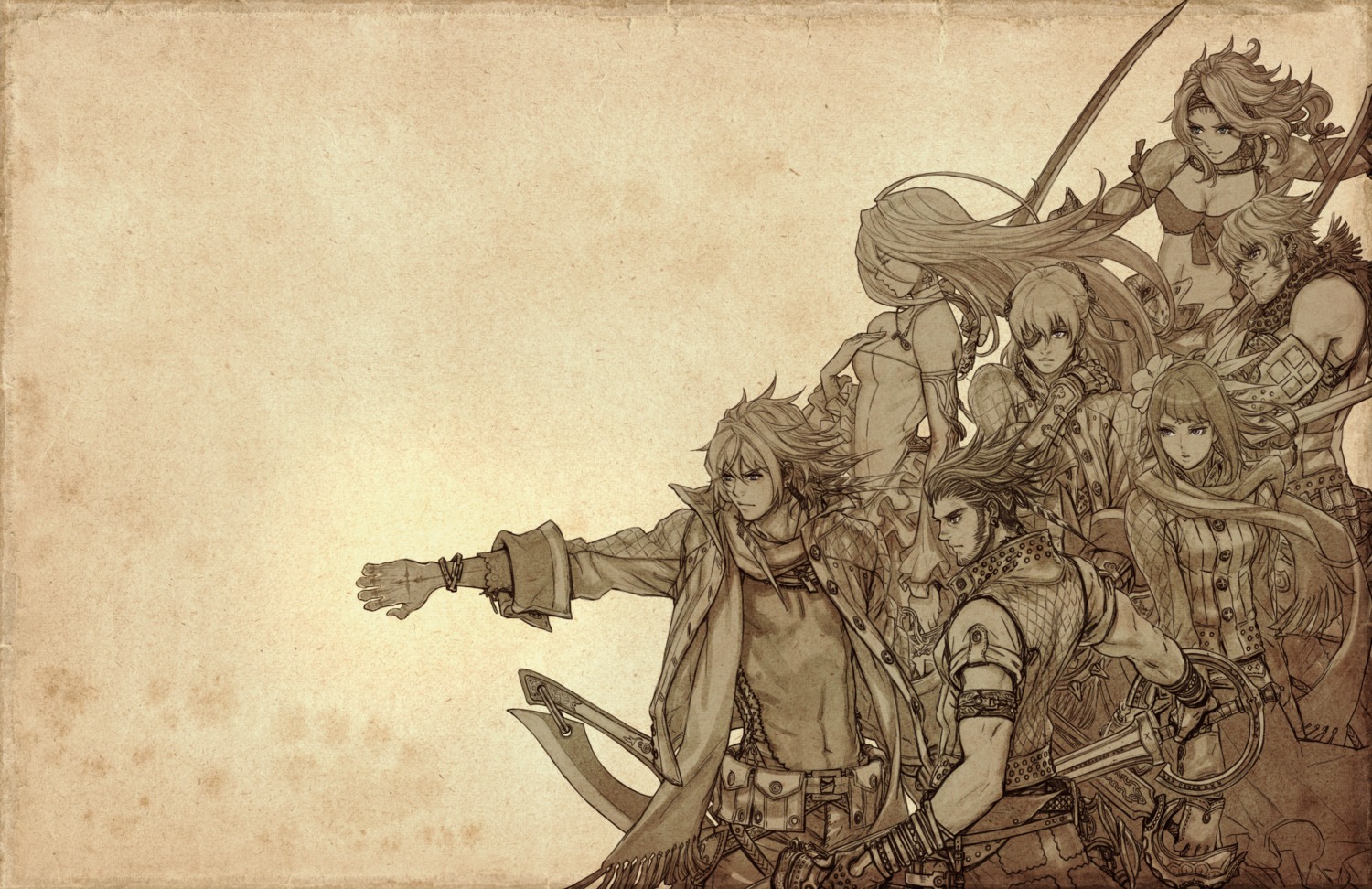 armor, bikini_top, calista, cleavage, dagran, dress, eyepatch, fujisaka_kimihiko, lowell, mirania, mistwalker, monochrome, nintendo, swimsuits, sword, syrenne, the_last_story, yurick, zael