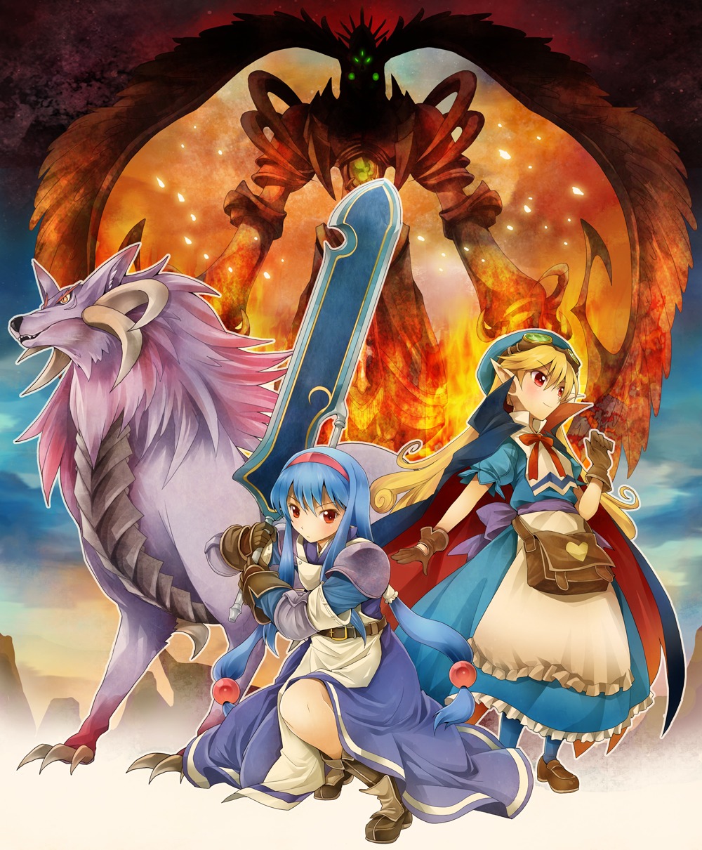 anastasia_rune_valeria, armor, dress, elf, horns, lucied, mariabell_armitage, michii_yuuki, pantyhose, pointy_ears, sword, wild_arms, wild_arms_2nd_ignition