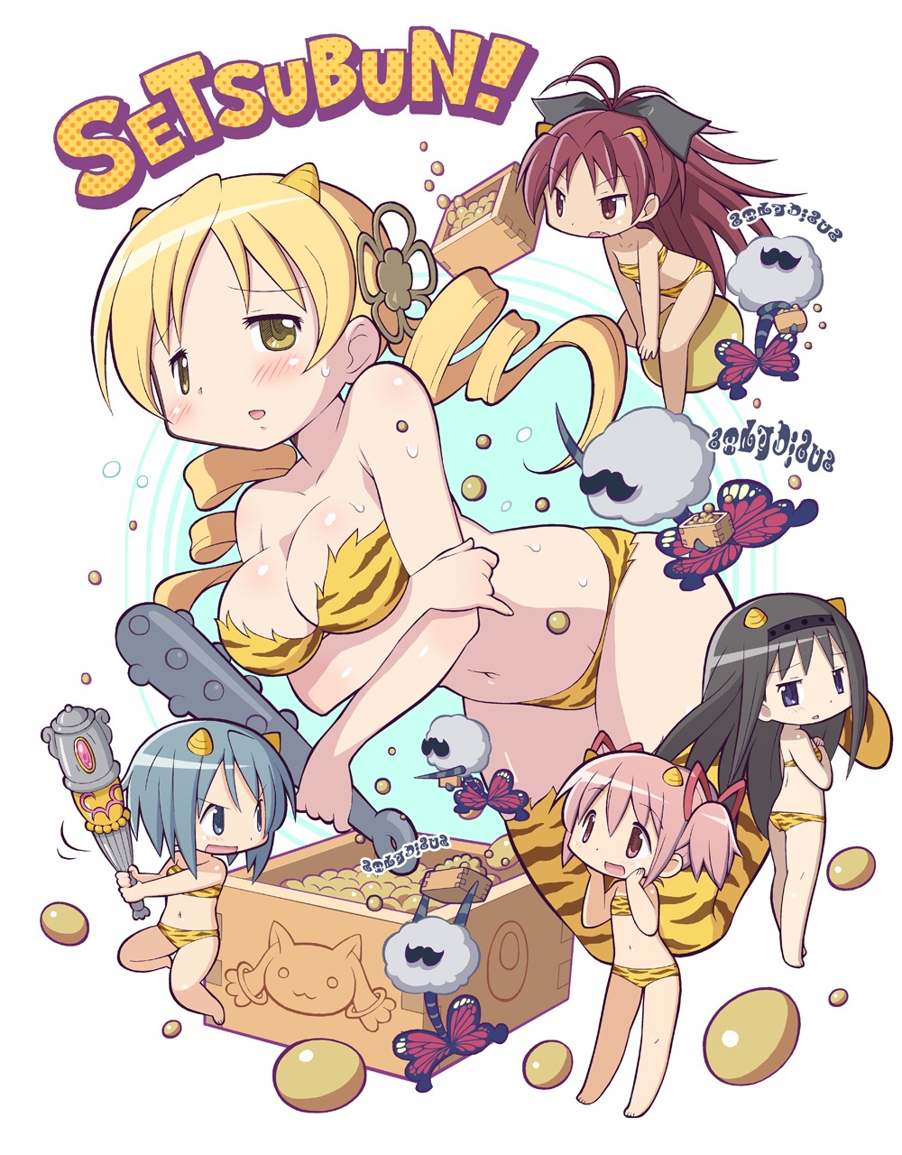 akemi_homura, bikini, breast_hold, cleavage, gecchu, kaname_madoka, kyubey, mahou_shoujo_madoka_magica