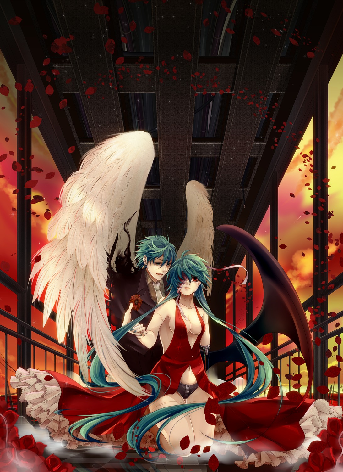 bandages, cleavage, domco., dress, genderswap, hatsune_miku, hatsune_mikuo, vocaloid