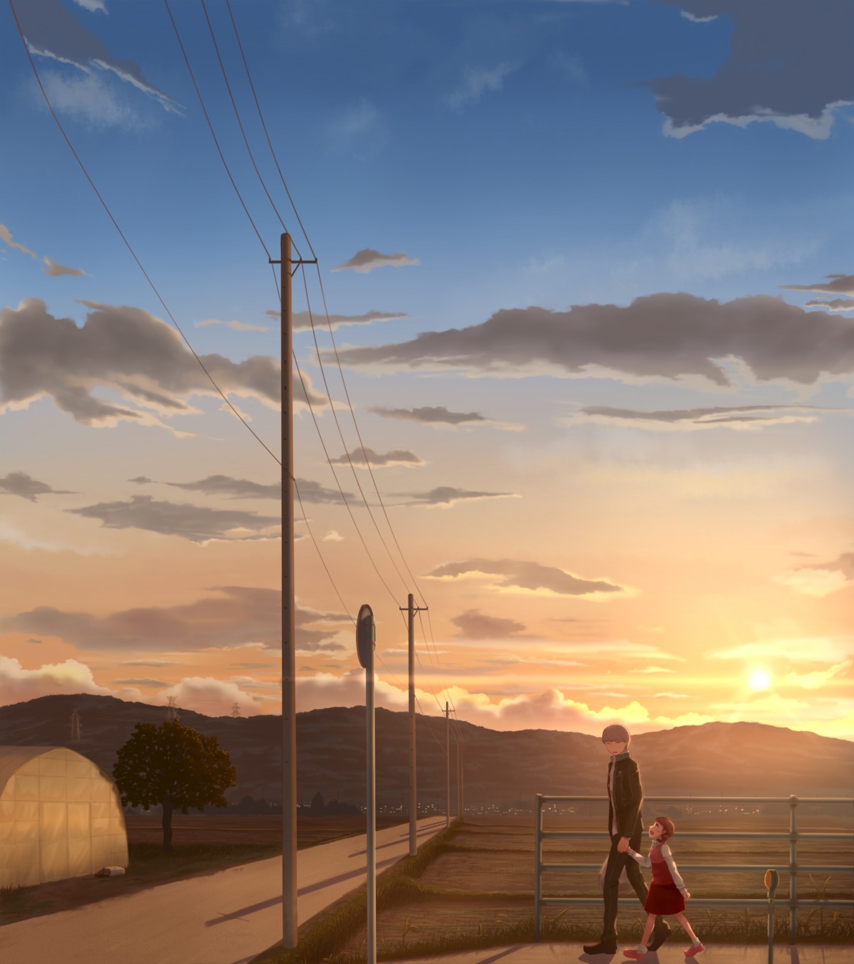 doujima_nanako, landscape, megaten, narukami_yuu, persona, persona_4, yuugure