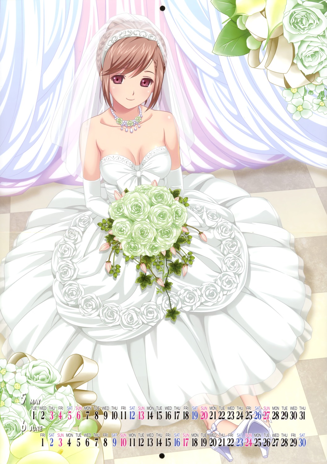 calendar, cleavage, crease, dress, fixme, koutaro, nijiiro_zakura, wedding_dress