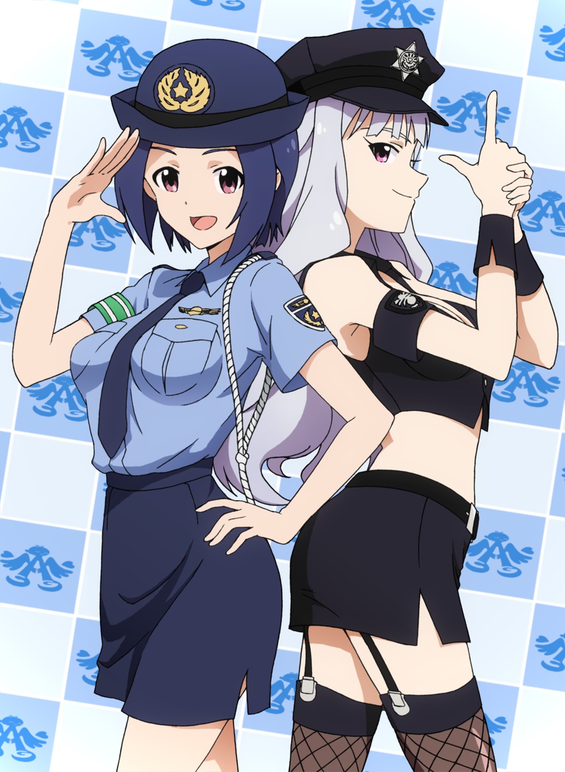 garter_belt, miura_azusa, police_uniform, shijou_takane, stockings, taku, the_idolm@ster, thighhighs