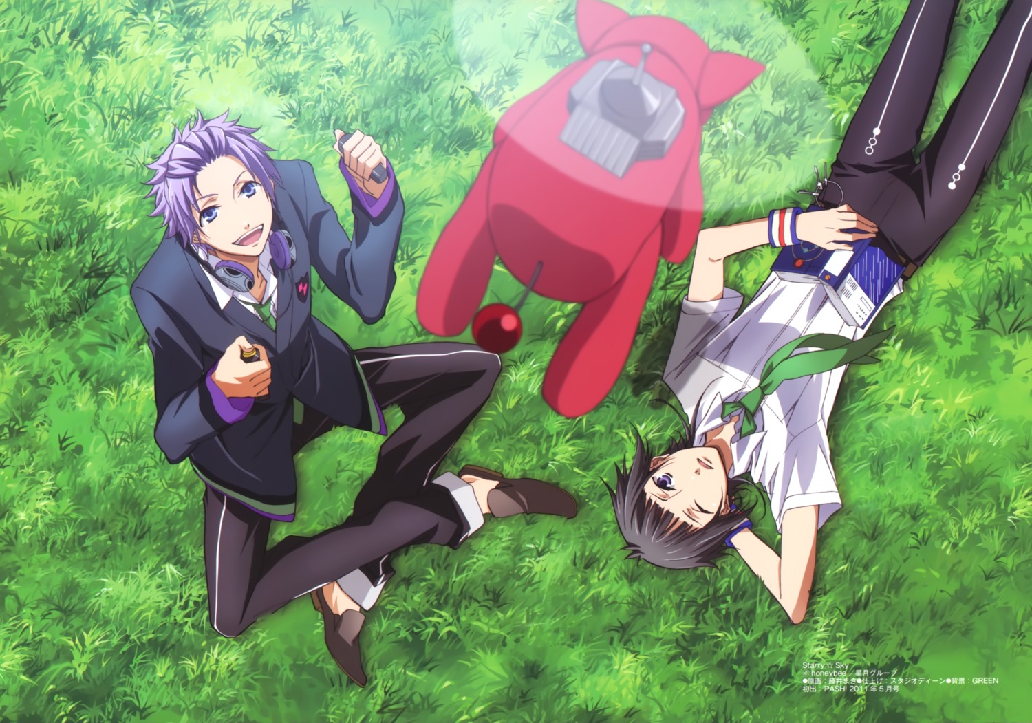 amaha_tsubasa, fujii_maki, headphones, kinose_azusa, male, seifuku, starry_sky