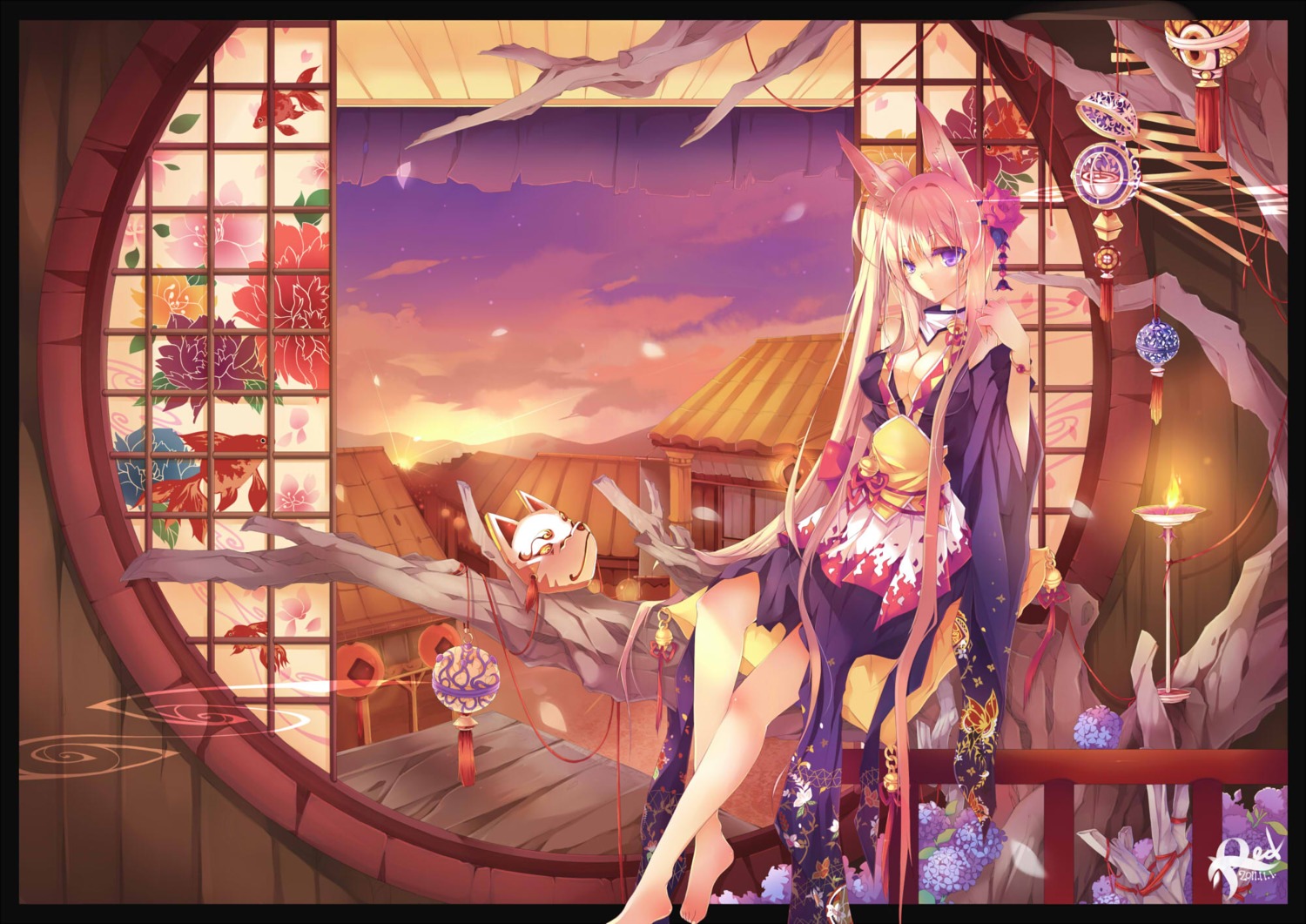 cleavage, japanese_clothes, red_silk_bird