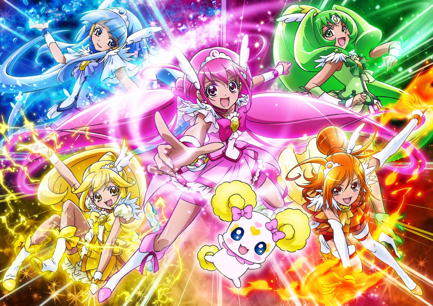 aoki_reika, bike_shorts, candy_(smile_precure), hino_akane, hoshizora_miyuki, jpeg_artifacts, kise_yayoi, midorikawa_nao