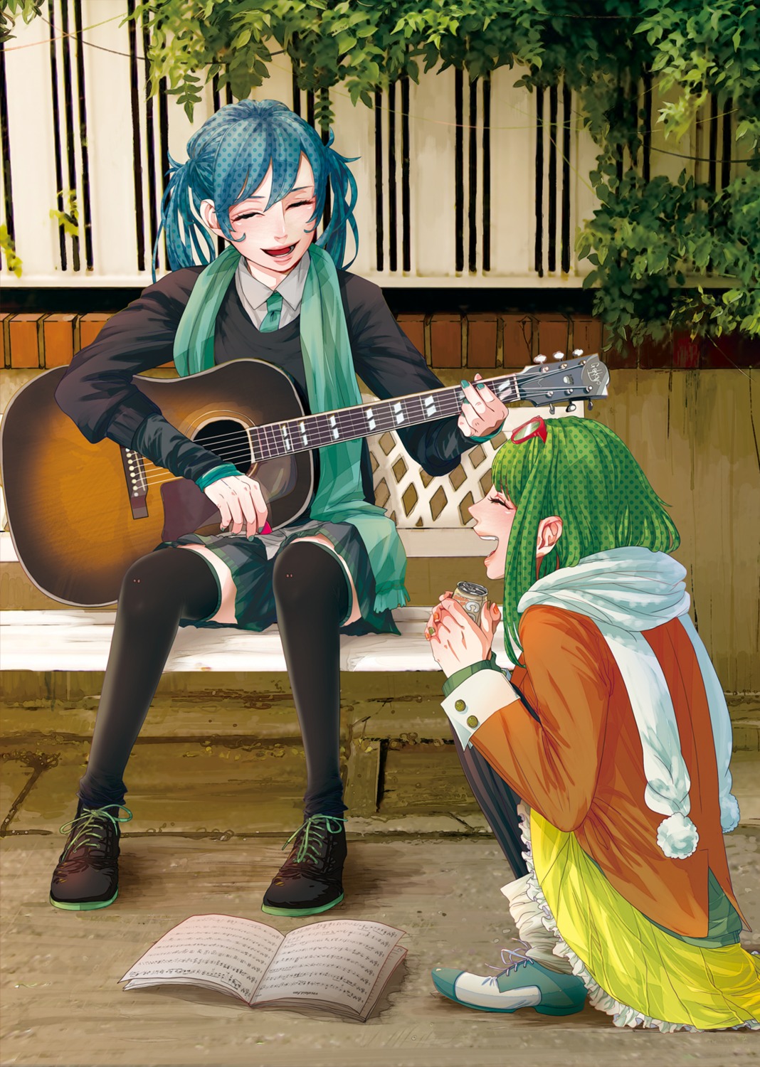 guitar, gumi, hannyag, hatsune_miku, megane, thighhighs, vocaloid