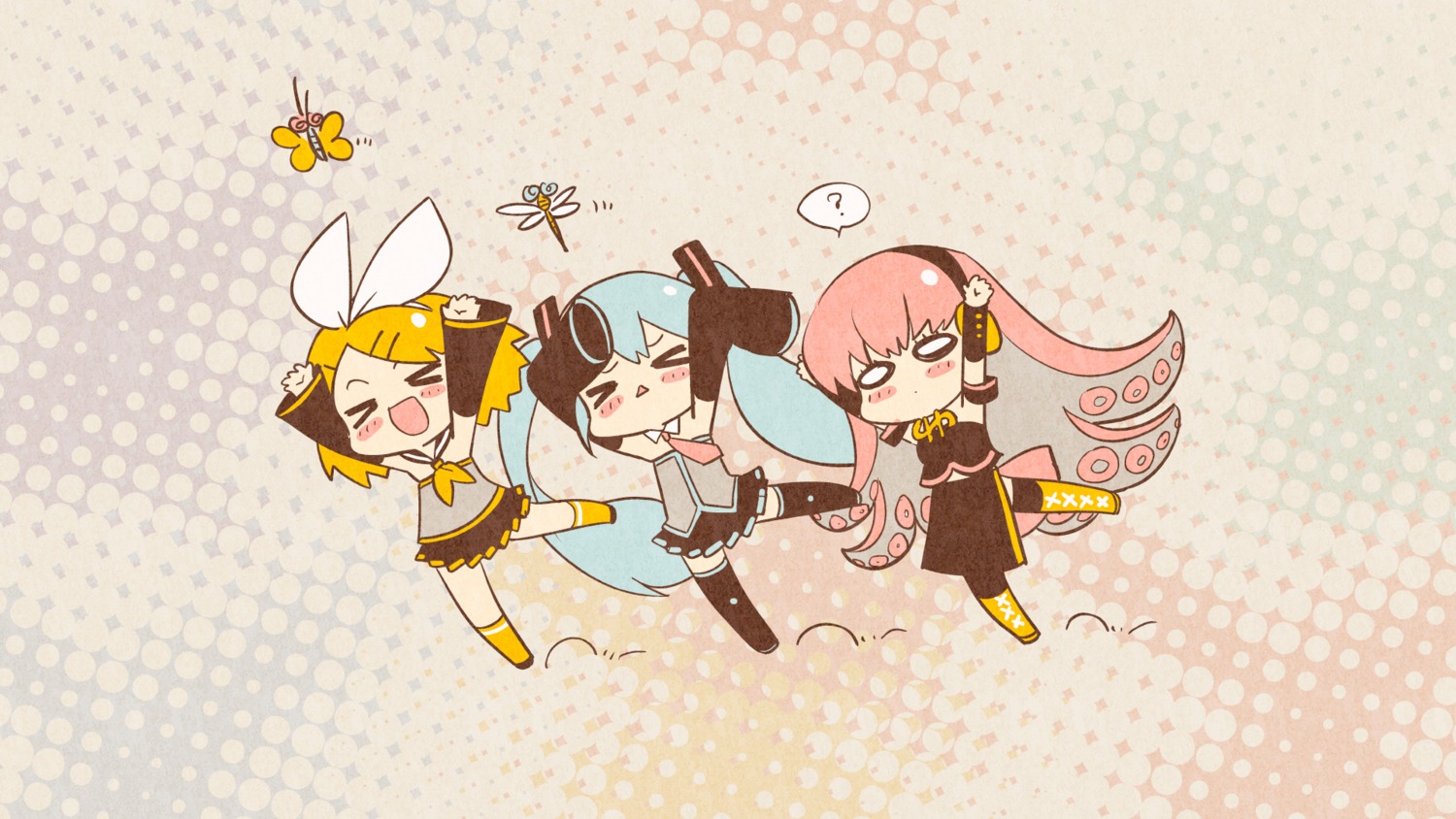 chibi, hatsune_miku, kagamine_rin, megurine_luka, neko_sakana, thighhighs, vocaloid, wallpaper