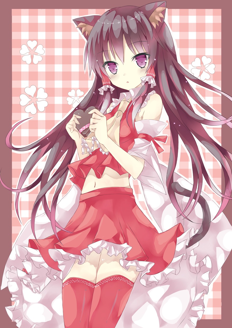 animal_ears, hakurei_reimu, mizumidori, nekomimi, tail, thighhighs, touhou, valentine