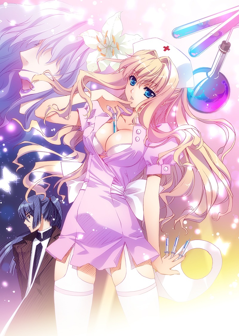 bra, carnelian, cleavage, macross, macross_frontier, nurse, open_shirt, saotome_alto, sheryl_nome, thighhighs