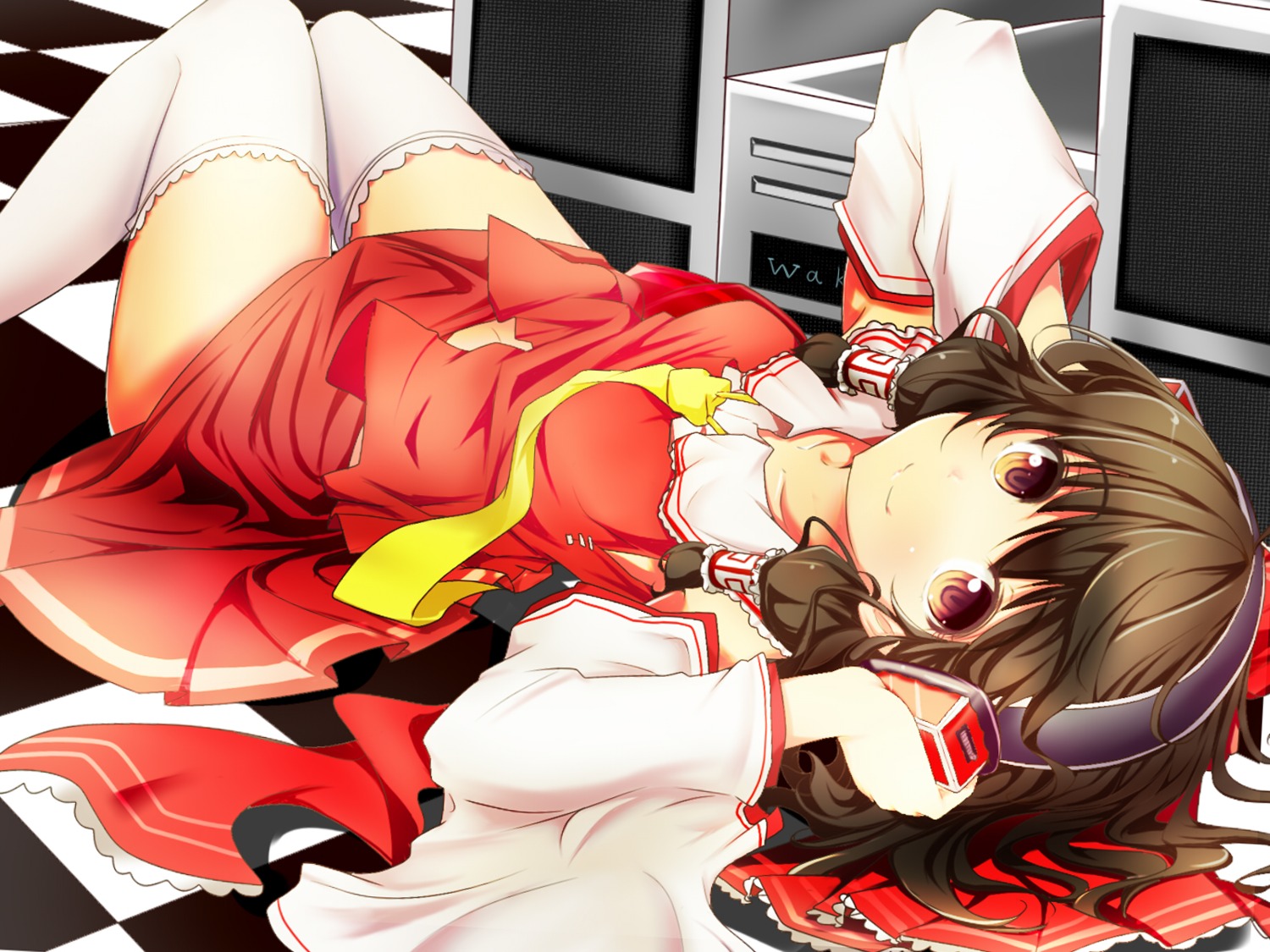 fukunaga_kazuhiro, hakurei_reimu, headphones, miko, thighhighs, touhou, wallpaper