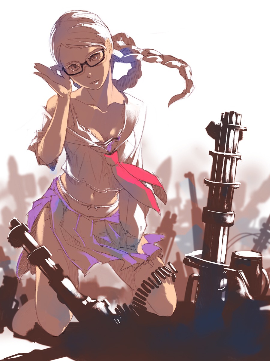cleavage, gun, megane, risa_hibiki, seifuku