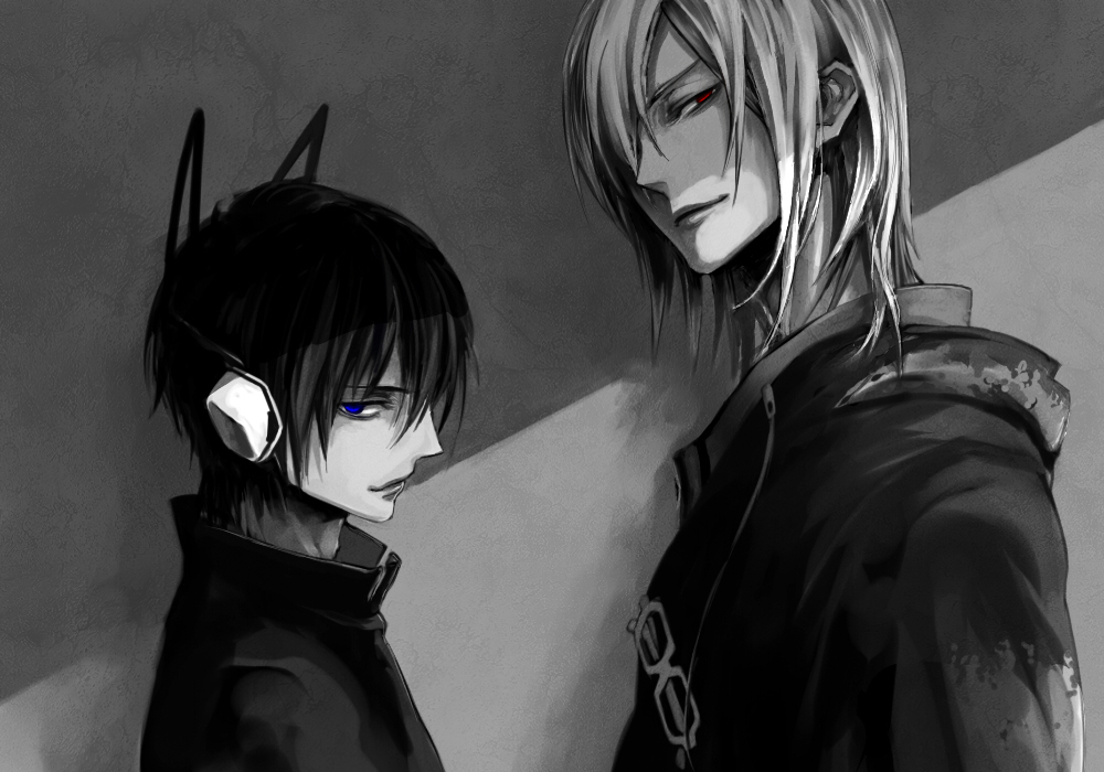 headphones, joka, male, megaten, monochrome, naoya, protagonist_(devil_survivor), shin_megami_tensei, shin_megami_tensei_devil_survivor