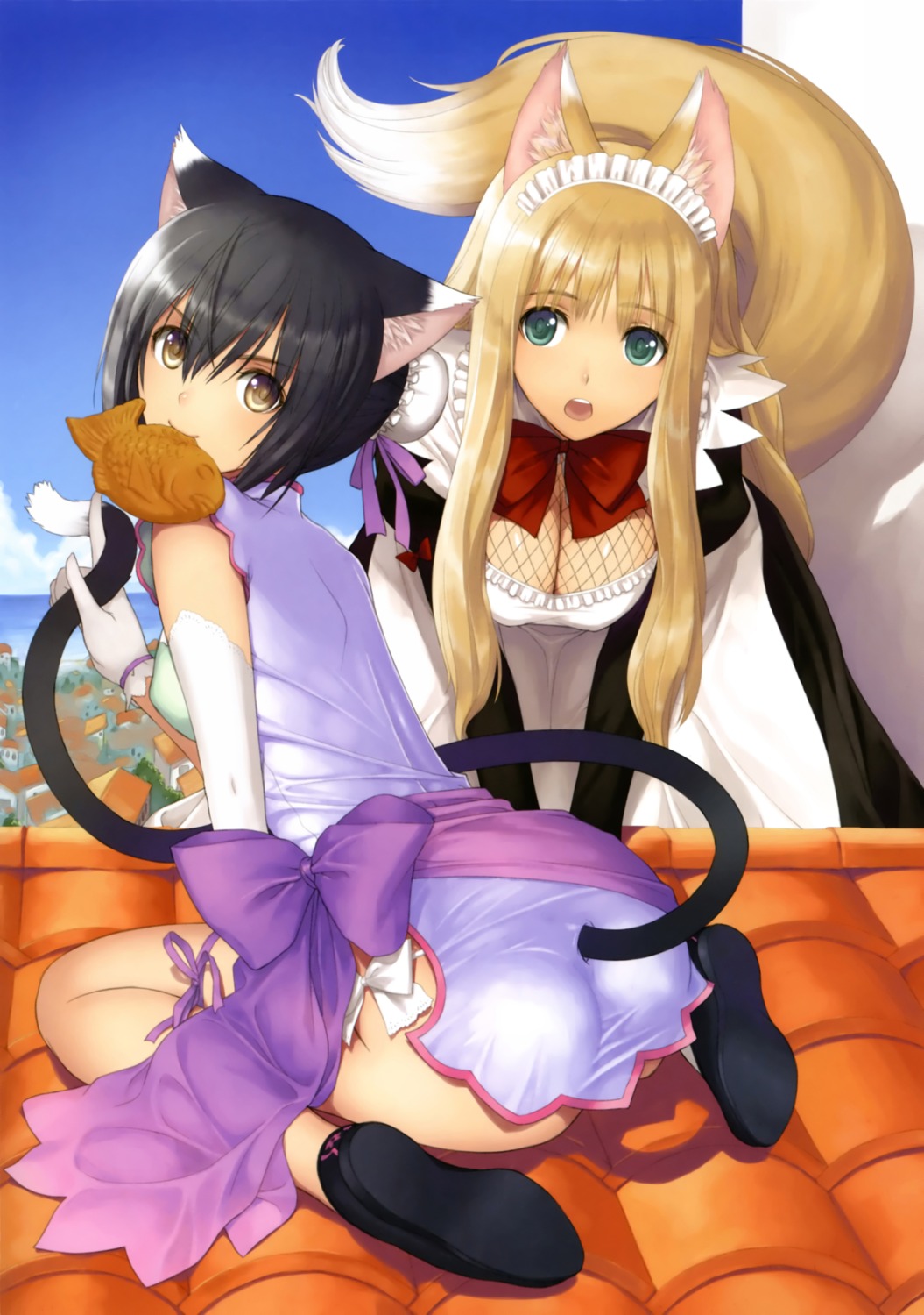 animal_ears, ass, chinadress, cleavage, dress, fishnets, kitsune, lin_xiao-mei, maid, nekomimi, overfiltered, pantsu, rouna_murasame, sega, shining_hearts, shining_world, string_panties, tail, tony_taka