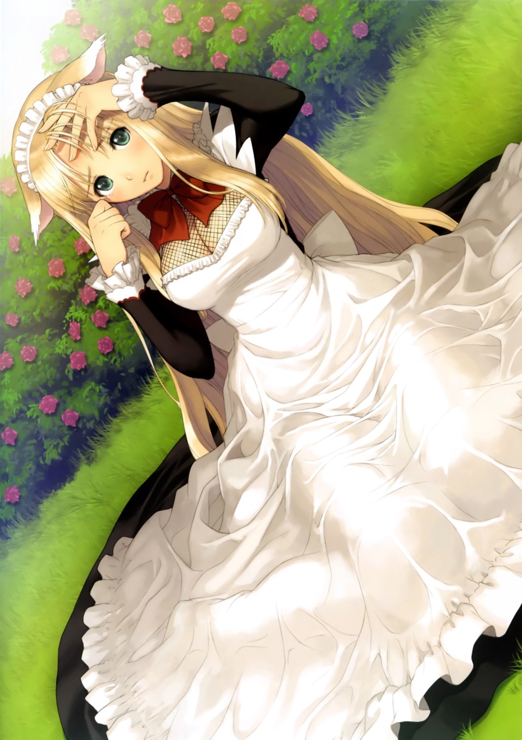 animal_ears, cleavage, dress, fishnets, kitsune, maid, overfiltered, rouna_murasame