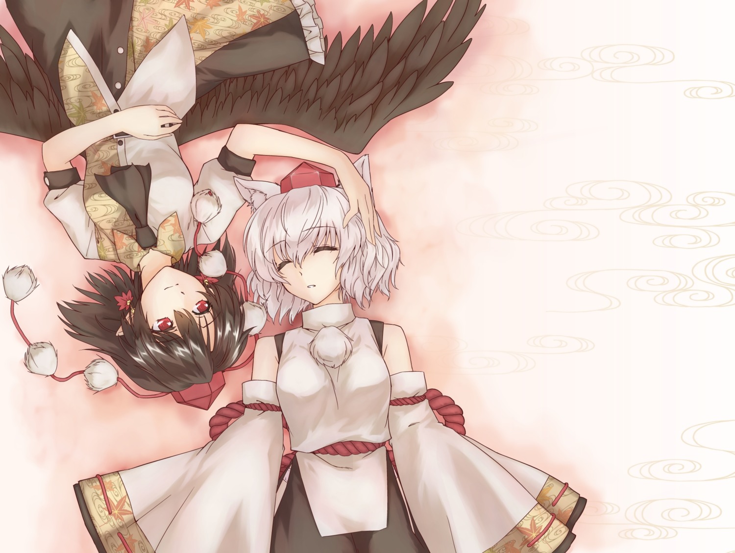 animal_ears, caesar_et_cleopatra, inubashiri_momiji, shameimaru_aya, touhou, wallpaper, wings