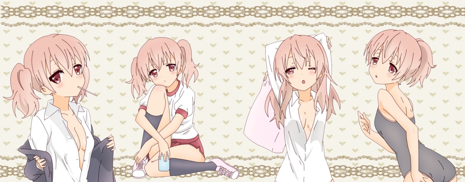cleavage, dress_shirt, gym_uniform, inu_x_boku_ss, no_bra, open_shirt, roromiya_karuta, saotome_masaya, swimsuits