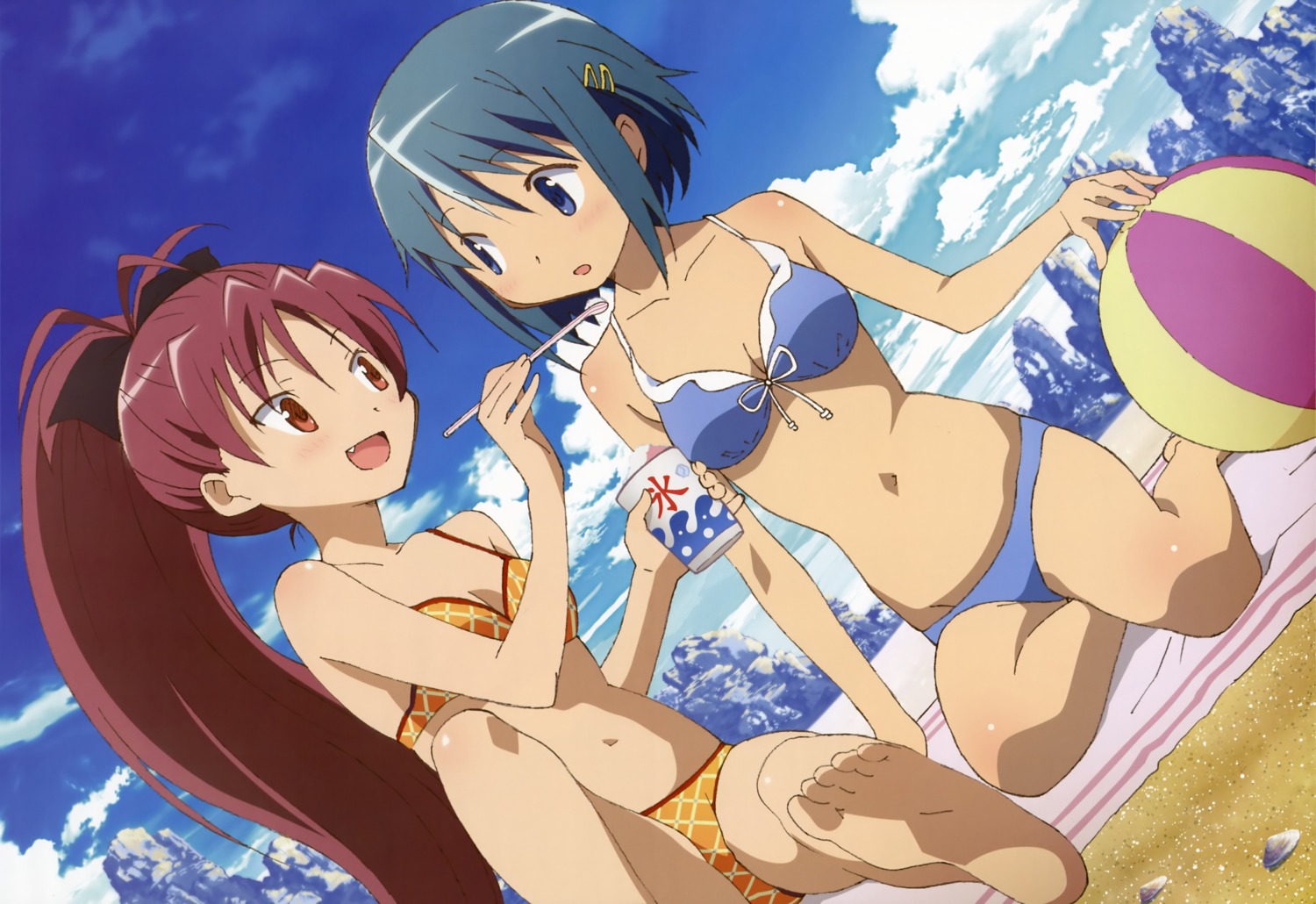 bikini, feet, mahou_shoujo_madoka_magica, miki_sayaka, sakura_kyouko, shiotsuki_kazuya, swimsuits