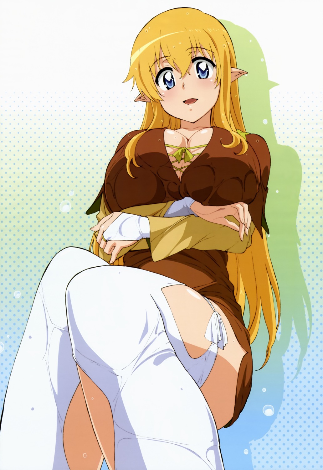 breast_hold, cleavage, elf, fujii_masahiro, pointy_ears, thighhighs, tiffania_westwood, wet_clothes, zero_no_tsukaima