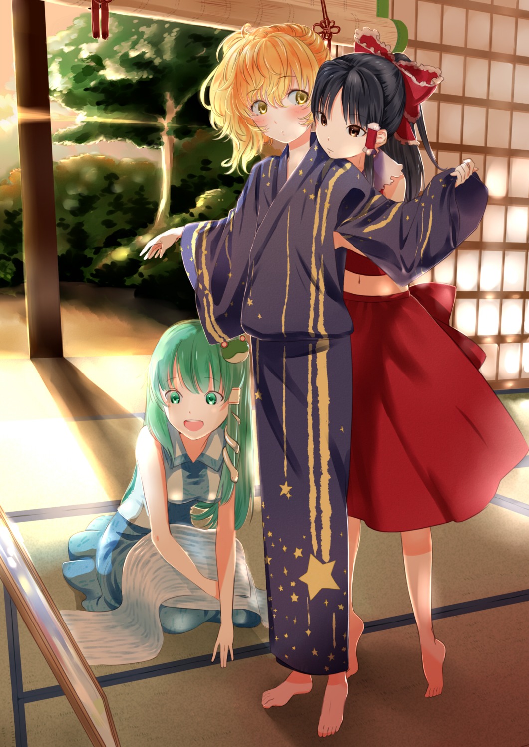 hakurei_reimu, kirisame_marisa, kochiya_sanae, touhou, yamada_ranga, yukata