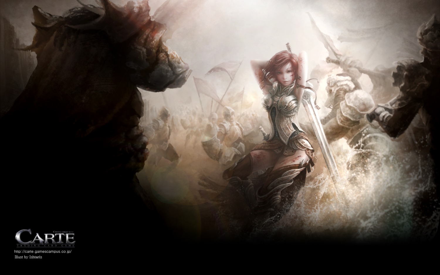 armor, blood, carte, ishtaris, sword, thighhighs, wallpaper