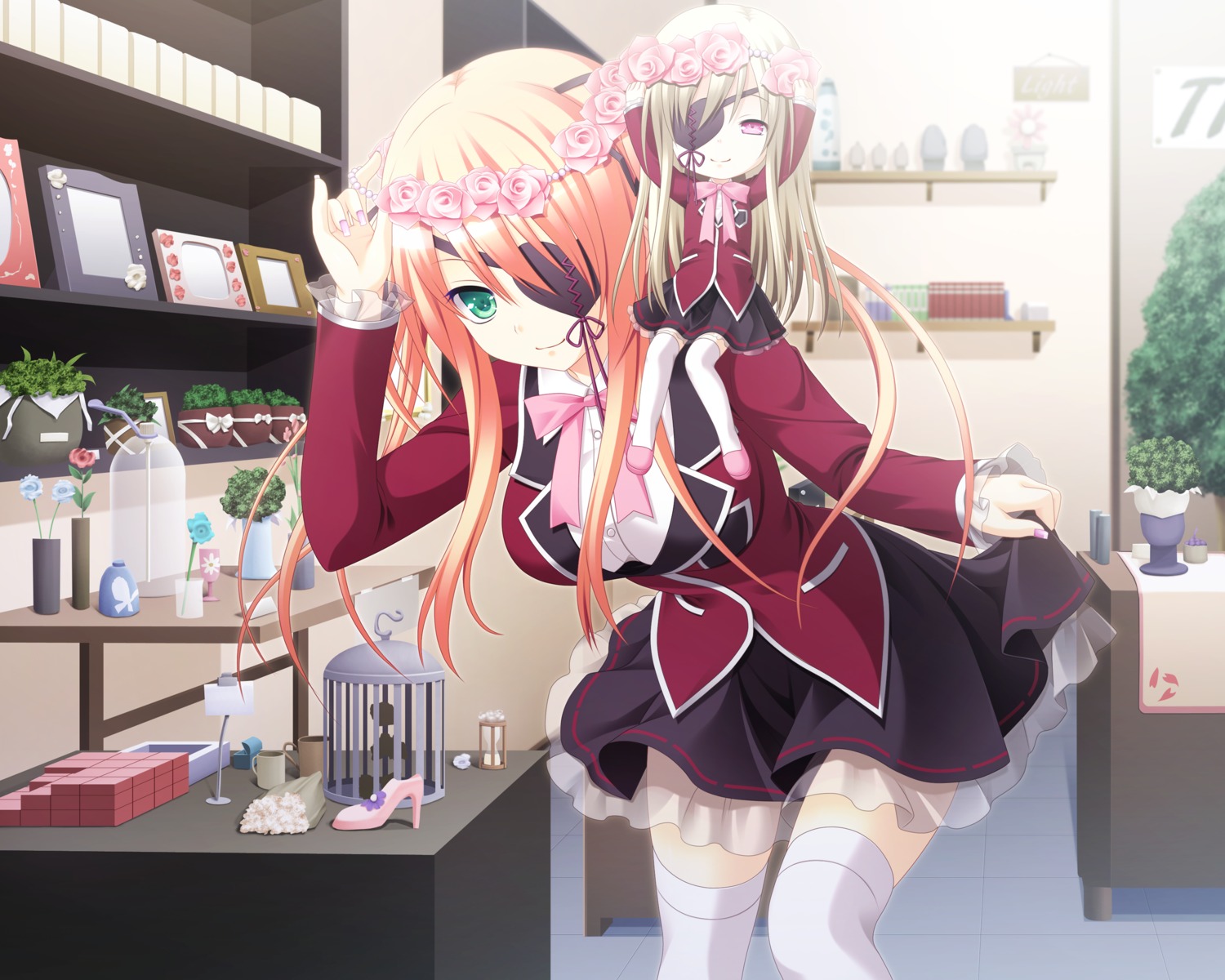 3rd_eye, eyepatch, game_cg, irina_e_tolstaya, makita_maki, seifuku, shinigami_no_testament, thighhighs