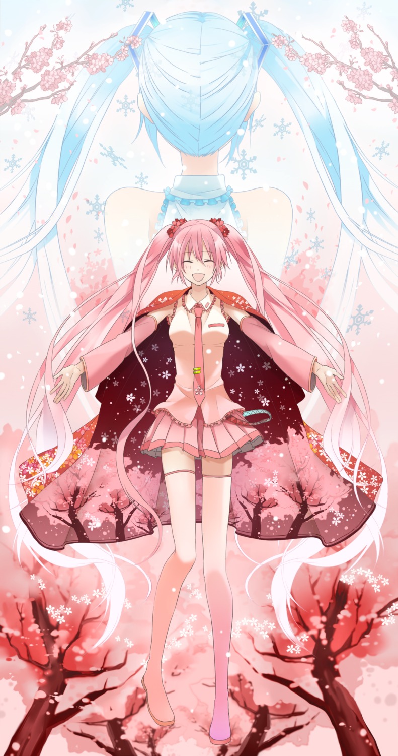 hatsune_miku, sakura_miku, teito, thighhighs, vocaloid, yuki_miku
