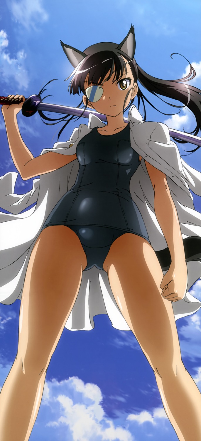 animal_ears, eyepatch, katayama_keisuke, sakamoto_mio, school_swimsuit, strike_witches, swimsuits, sword