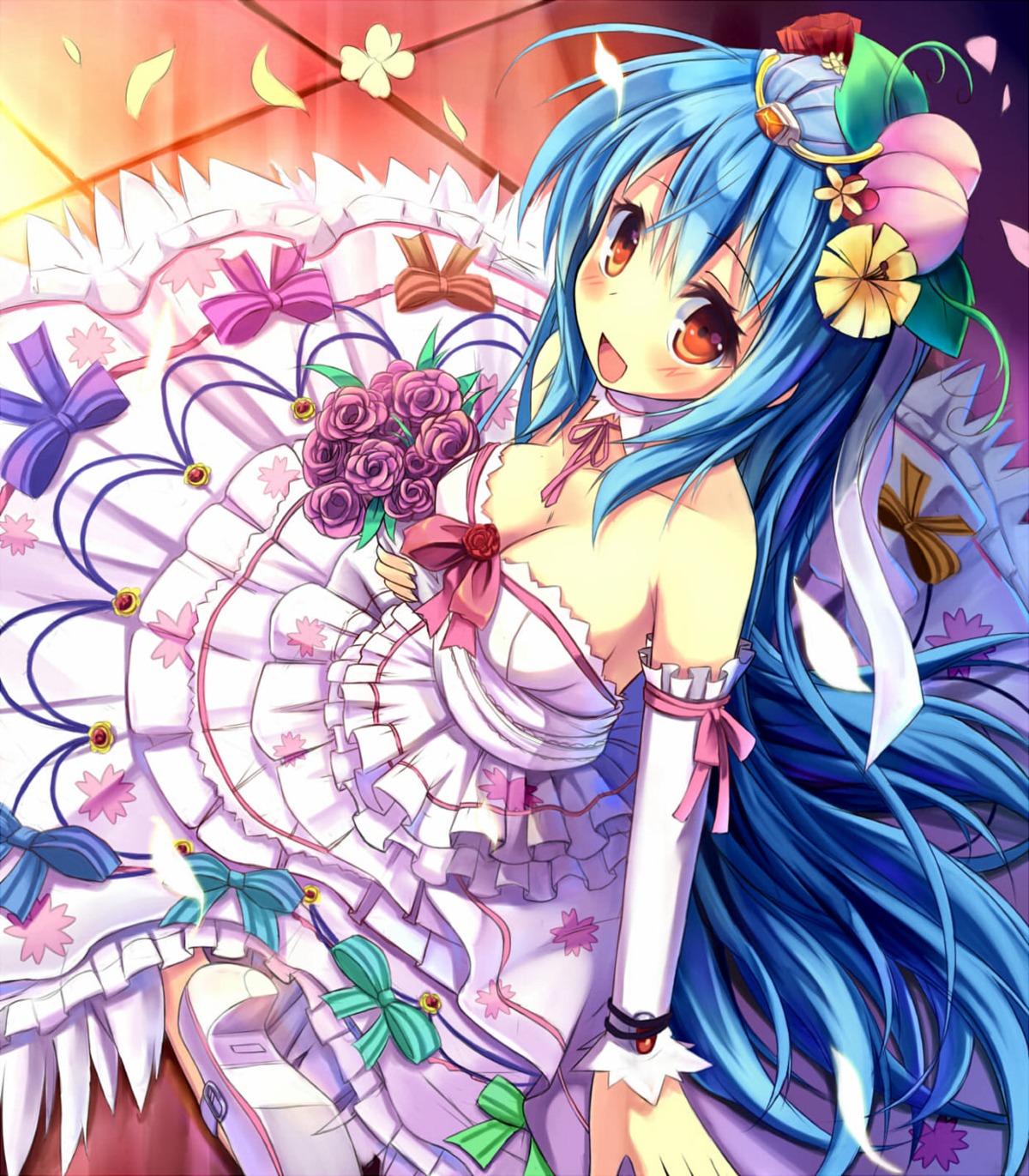 cleavage, dress, hinanawi_tenshi, hoshi_no_gen, jpeg_artifacts, touhou, wedding_dress