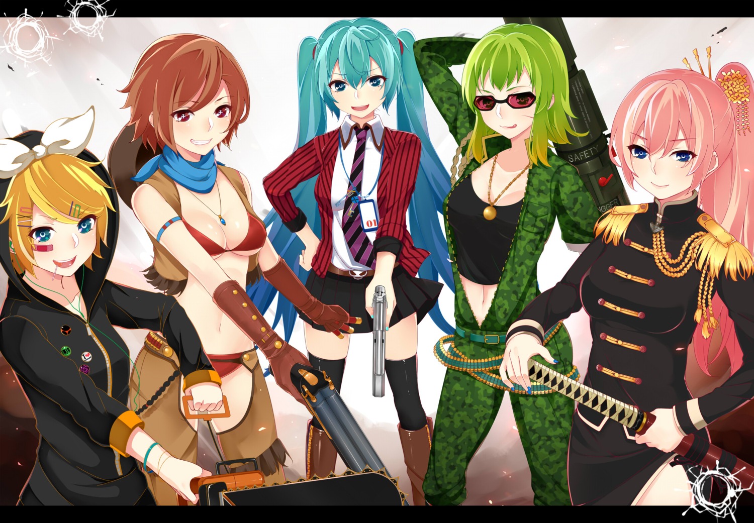 bokura_no_16bit_warz_(vocaloid), gumi, hatsune_miku, kagamine_rin, megurine_luka, meiko, nuko_(mikupantu), vocaloid