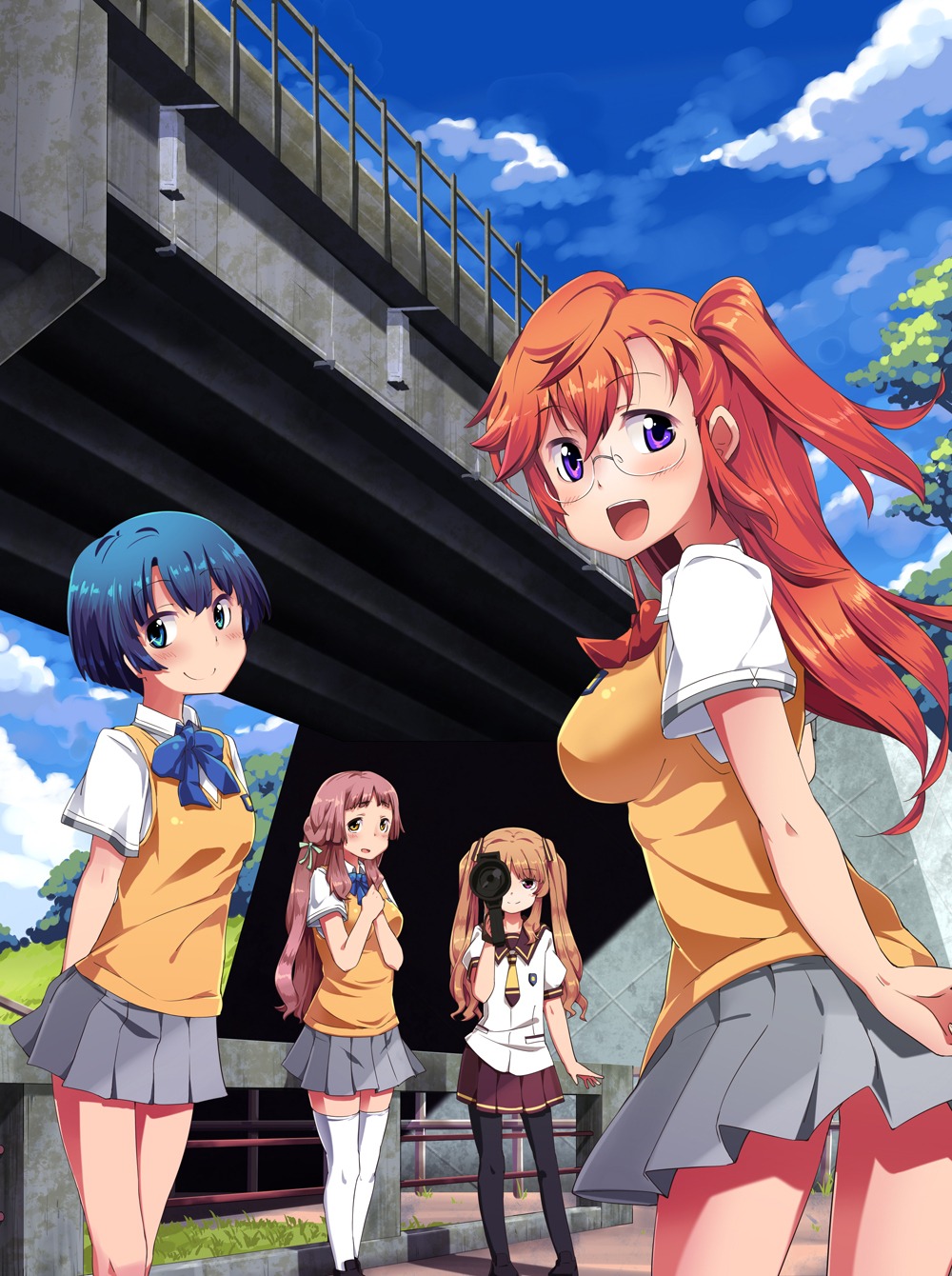 ano_natsu_de_matteru, bon_(moegomi), kitahara_mio, megane, seifuku, takatsuki_ichika, tanigawa_kanna, thighhighs