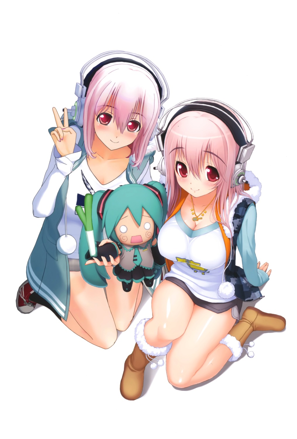 hachune_miku, headphones, sonico, super_sonico, tsuji_santa