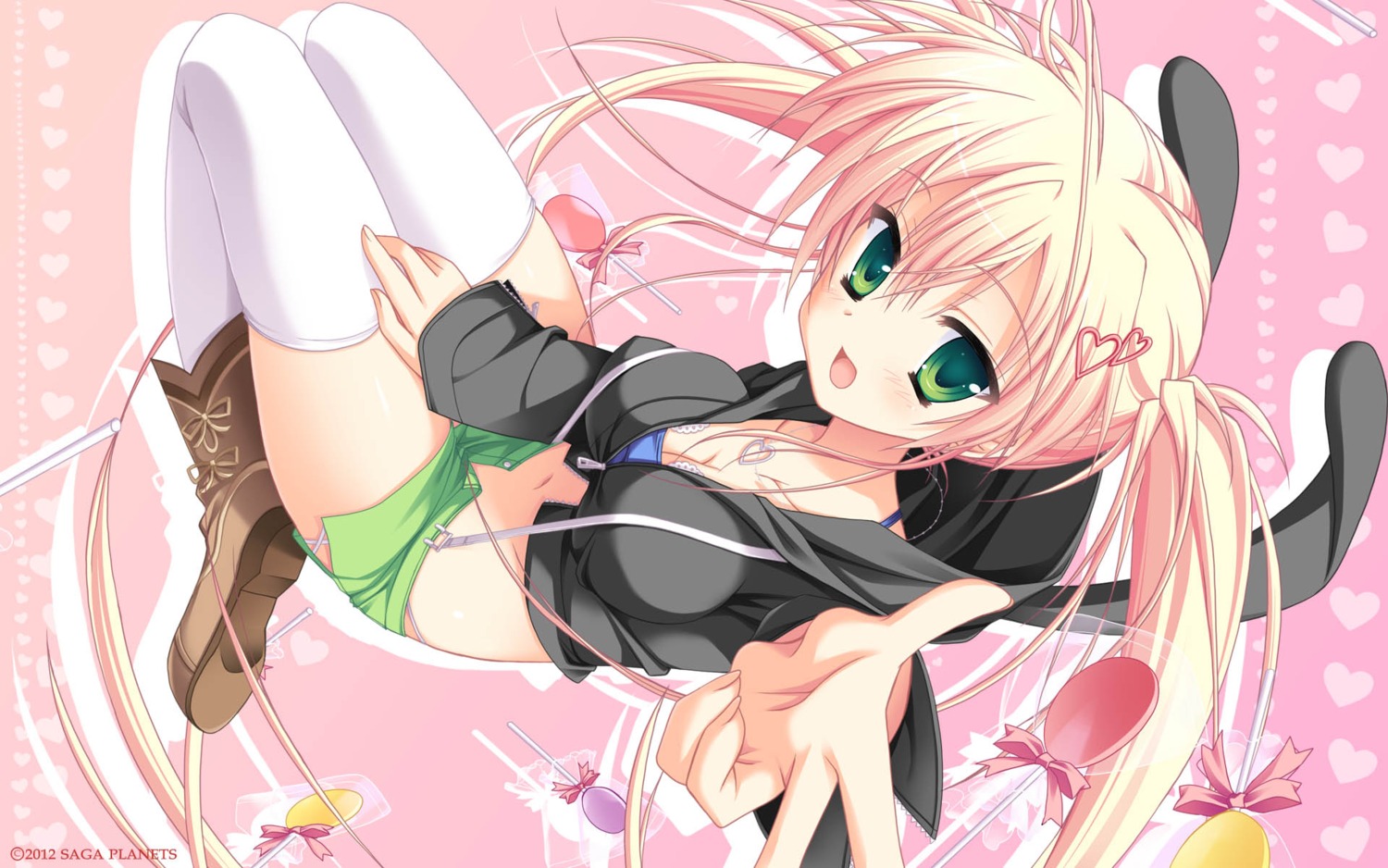 arisue_tsukasa, cleavage, hatsuyuki_sakura, jpeg_artifacts, konoha_sakuya, saga_planets, thighhighs, wallpaper