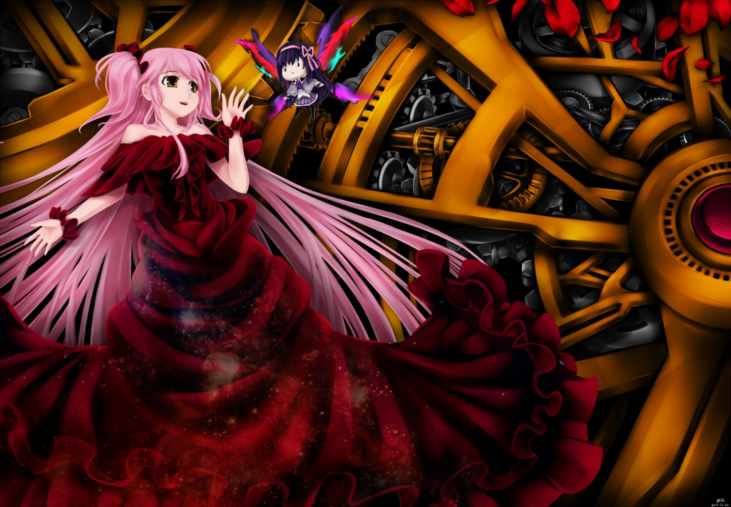 akemi_homura, b.t.l., chibi, dress, kaname_madoka, kriemhild_gretchen, mahou_shoujo_madoka_magica
