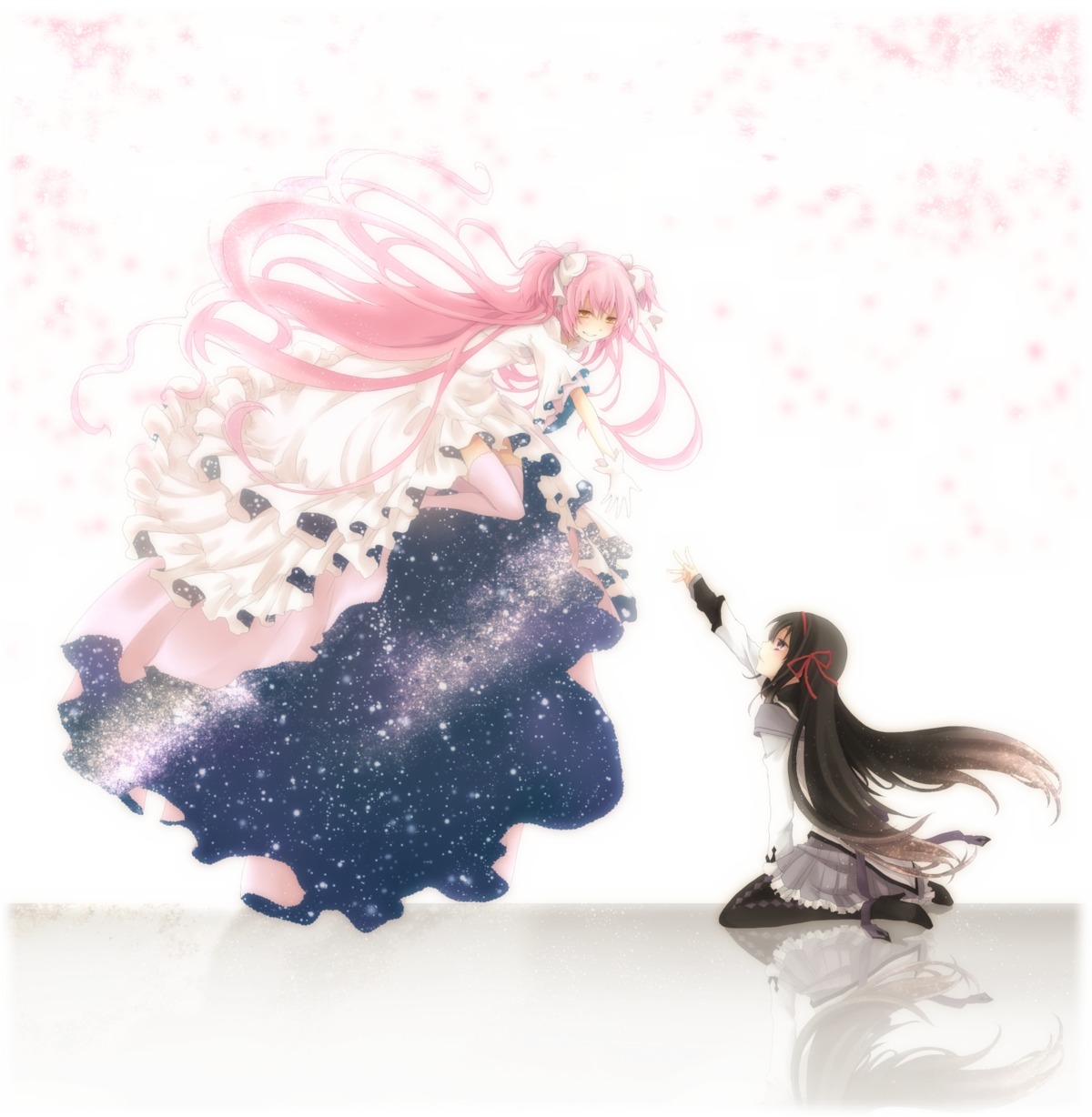 akemi_homura, dress, kaname_madoka, kawamura_raichi, mahou_shoujo_madoka_magica, pantyhose, thighhighs, ultimate_madoka