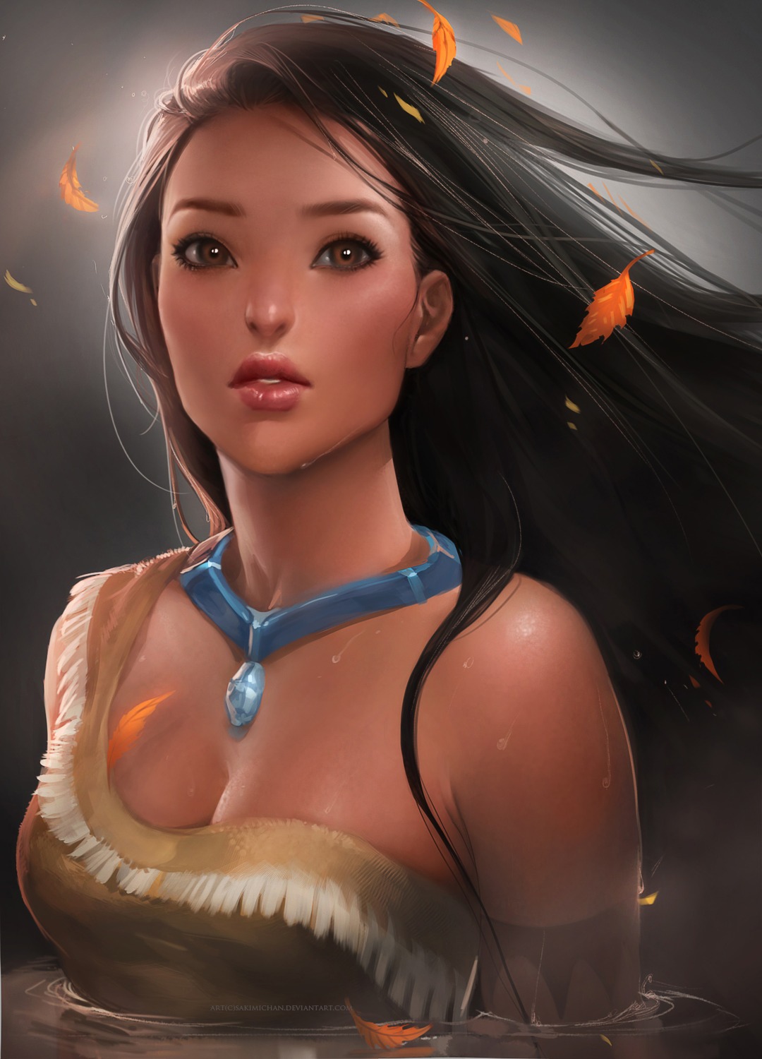 cleavage, no_bra, pocahontas, sakimichan, wet