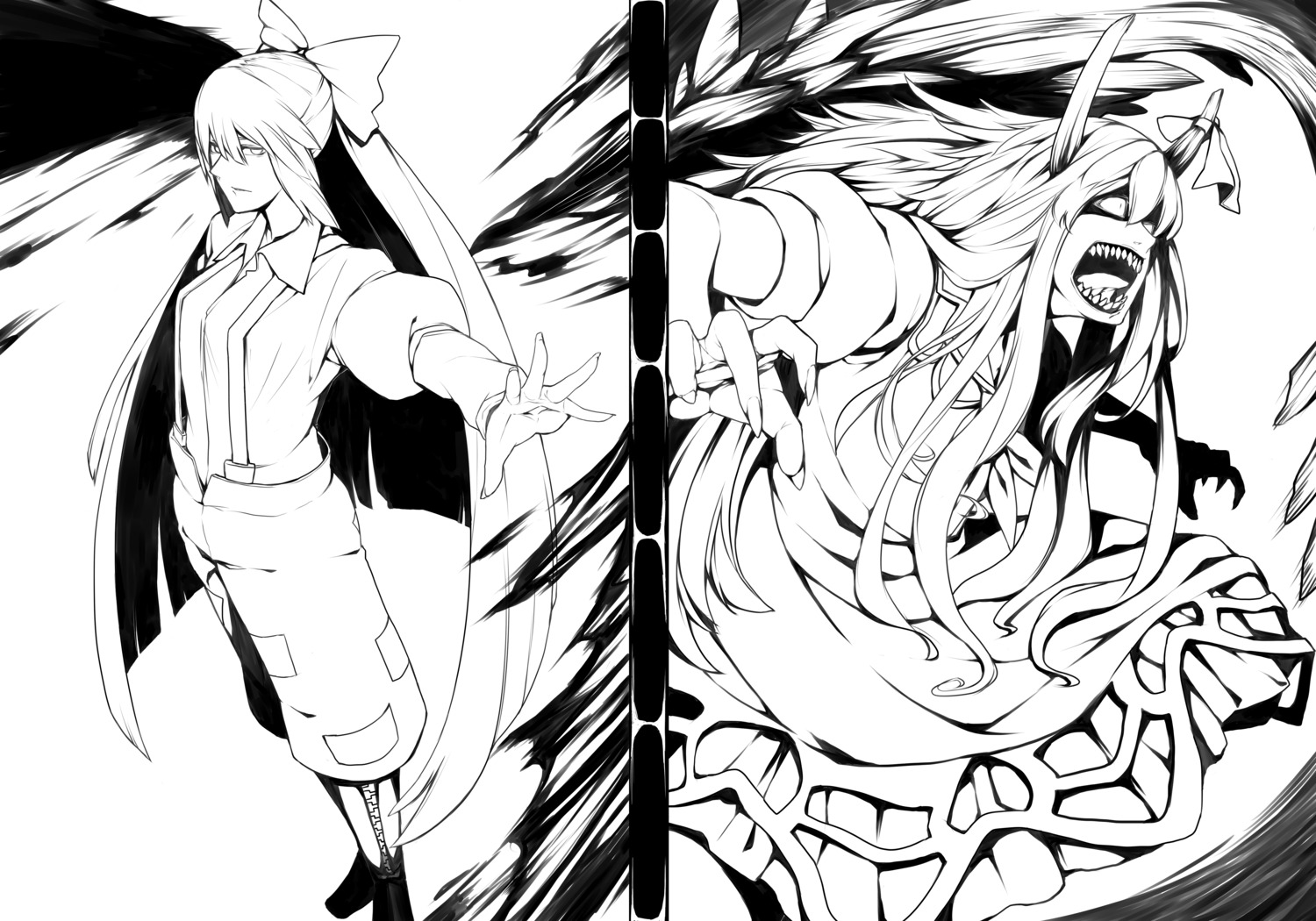 fujiwara_no_mokou, horns, kamishirasawa_keine, monochrome, regura, touhou
