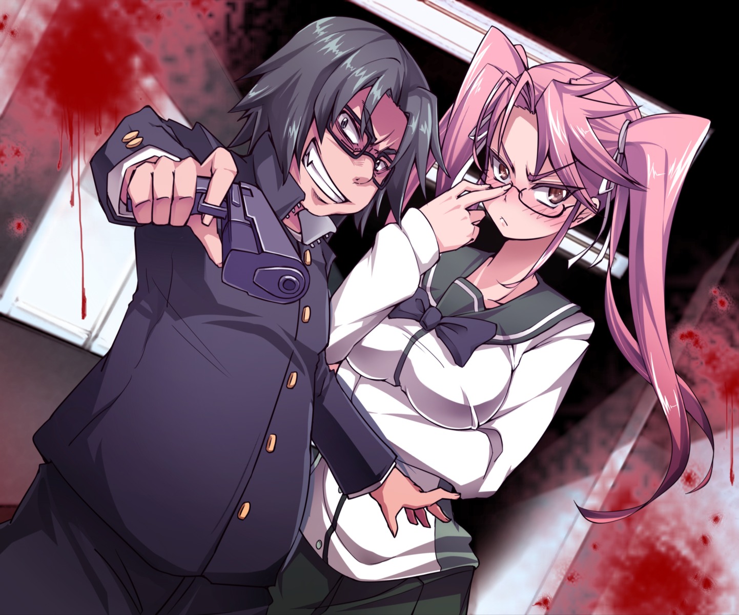 blood, bon_(moegomi), breast_hold, gun, highschool_of_the_dead, hirano_kohta, megane, seifuku