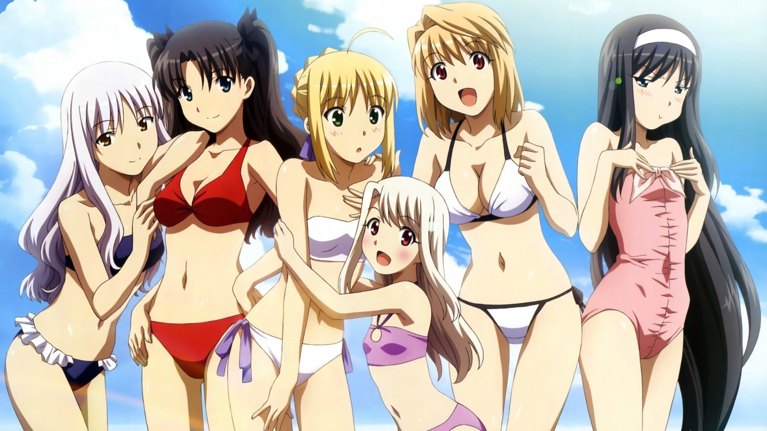 amisaki_ryouko, arcueid_brunestud, artoria_pendragon_(fate), bikini, caren_hortensia, carnival_phantasm, cleavage, crossover