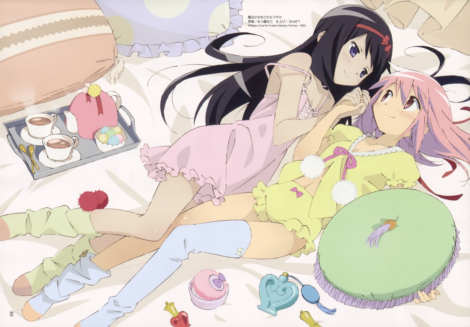 akemi_homura, kaname_madoka, lingerie, mahou_shoujo_madoka_magica, motoyawata_chuuzou, pajama, pantsu, sumimoto_etsuko, thighhighs, yuri
